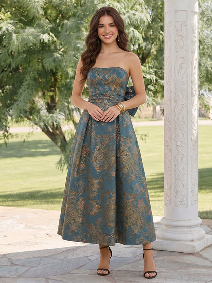Robe d'Invitée de Mariage Ligne A/Princesse Sans Bretelles Sans Manches Longueur Cheville Ruchée avec Nœud Papillon