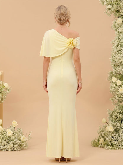 Gaine/Colonne Asymétrique Manches Courtes Longueur du sol Robes Longues de Demoiselle d'Honneur avec Ruchée & Florale 3D