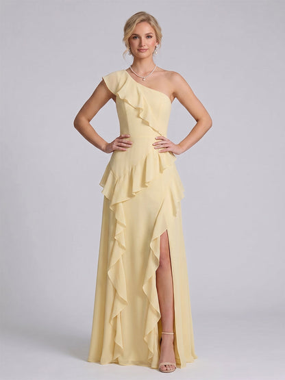 Ligne A/Princesse Une épaule Sans Manches Longueur du sol Robes de Demoiselle d'Honneur avec Volants & Côté Divisé