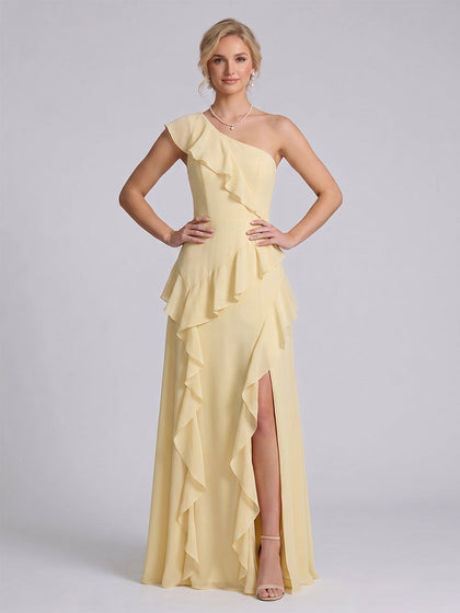 Robe de Demoiselle d'Honneur Ligne A/Princesse Asymétrique à une épaule Sans Manches Longueur Sol avec Volants & Fendue