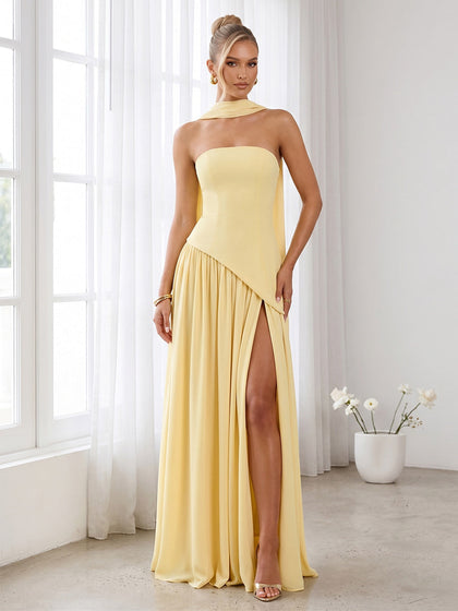 Robe de Demoiselle d'Honneur Ligne A/Princesse Sans Bretelles Sans Manches Longueur Sol avec Foulard & Fente