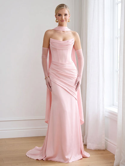 Trompette/Sirène Sans Bretelles Sans Manches Longueur du sol Robes de Demoiselle d'Honneur avec Foulard & Ruchée