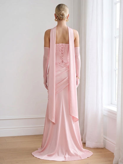 Trompette/Sirène Sans Bretelles Sans Manches Longueur du sol Robes de Demoiselle d'Honneur avec Foulard & Ruchée