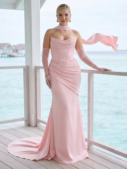 Robe de Demoiselle d'Honneur Grande Taille Trompette/Sirène Bustier, Longueur Sol avec Foulard & Fronces