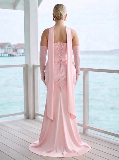 Robe de Demoiselle d'Honneur Grande Taille Trompette/Sirène Bustier, Longueur Sol avec Foulard & Fronces