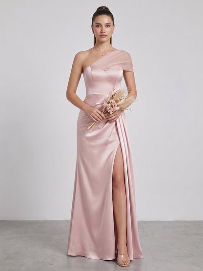Gaine/Colonne Asymétrique Une épaule Robes Longues de Demoiselle d'Honneur avec Plissée & Côté Divisé