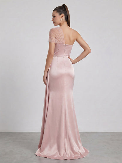 Gaine/Colonne Asymétrique Une épaule Robes Longues de Demoiselle d'Honneur avec Plissée & Côté Divisé