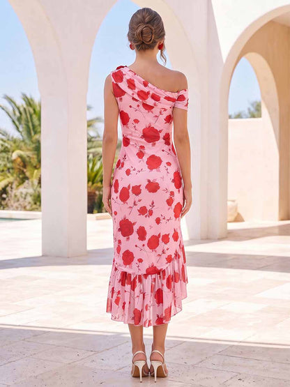 Robe de Cocktail Trompette/Sirène Asymétrique à une épaule Sans Manches avec Volants & Fleurs 3D