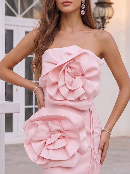 Robe de Cocktail Gaine/Colonne Sans Bretelles, Longueur Thé avec Fleurs 3D