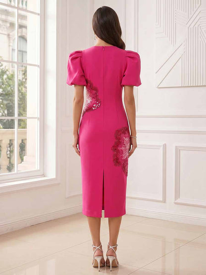 Robe de Cocktail Longueur Thé Gaine/Colonne Col Rond Manches Bouffantes avec Fleurs