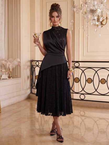 Robe de Cocktail Ligne A/Princesse Col Haut Sans Manches Asymétrique avec Plis & Dentelle