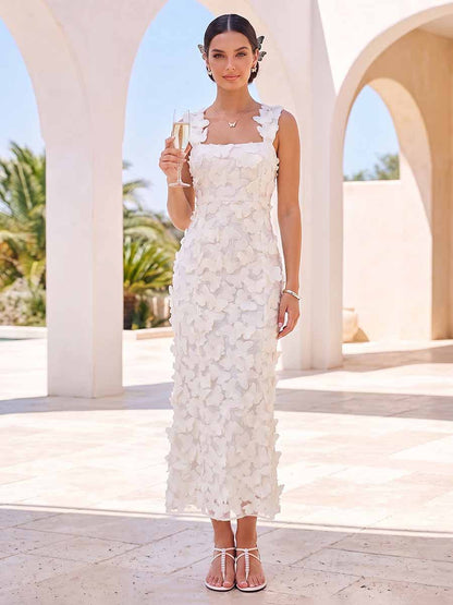 Robe de Cocktail Fourreau Col Carré Sans Manches Longueur Cheville avec Fleurs 3D