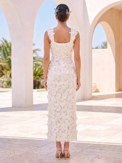 Robe de Cocktail Fourreau Col Carré Sans Manches Longueur Cheville avec Fleurs 3D