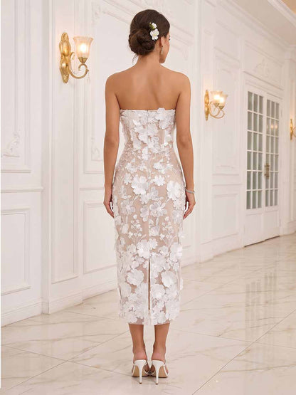 Robe de Cocktail Fourreau Bustier Longueur Thé avec Appliques et Fleurs 3D