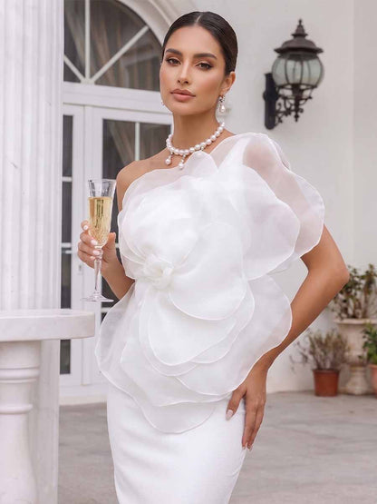 Robe de Cocktail Fourreau Asymétrique (Une Épaule) Sans Manches Longueur Thé avec Fleurs 3D