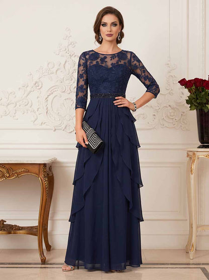 Robe Mère de la Mariée Coupe A-Ligne/Princesse à Manches 3/4, Col Rond avec Appliques et Dentelle