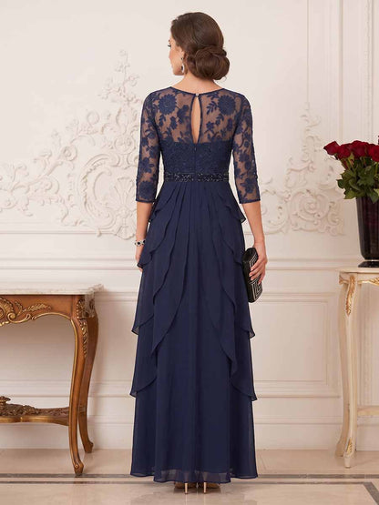 Robe Mère de la Mariée Coupe A-Ligne/Princesse à Manches 3/4, Col Rond avec Appliques et Dentelle