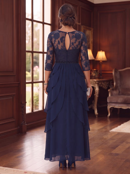 Robe trapèze/princesse en mousseline grande taille pour mère de la mariée : encolure ronde, manches 3/4, longueur au sol, avec applications et dentelle