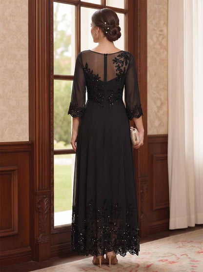 Robe Mère de la Mariée Coupe A-Ligne/Princesse Col Rond à Manches Longues Longueur Cheville avec Broderie et Dentelle