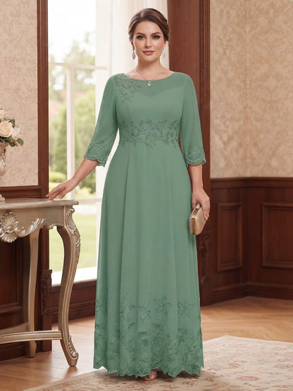Robe de Mère de la Mariée Grande Taille Coupe A-Line/Princesse, Manches 3/4, Col Rond, Longueur Cheville avec Broderies & Dentelle