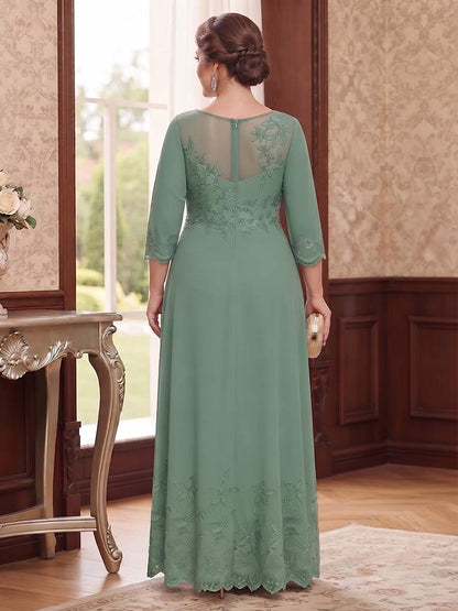 Robe de Mère de la Mariée Grande Taille Coupe A-Line/Princesse, Manches 3/4, Col Rond, Longueur Cheville avec Broderies & Dentelle