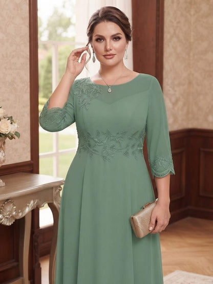 Robe de Mère de la Mariée Grande Taille Coupe A-Line/Princesse, Manches 3/4, Col Rond, Longueur Cheville avec Broderies & Dentelle