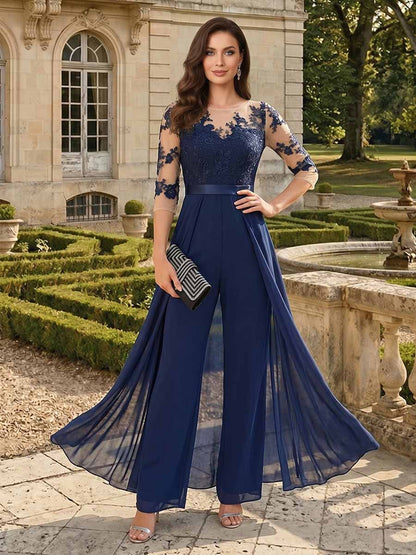 Combinaison Pantalon de Mariage Col Rond à Demi-manches Longueur Sol avec Appliques