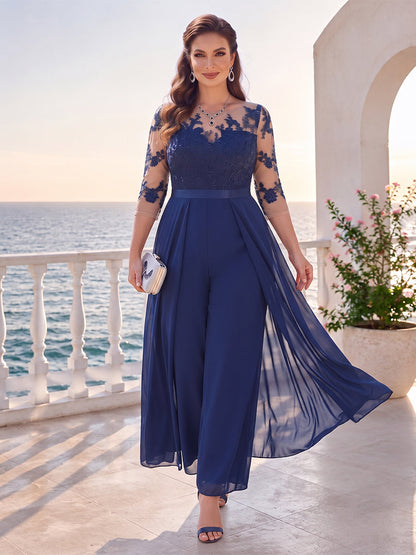 Robe de Mère de la Mariée Grande Taille Coupe Combinaison à Col Rond, Demi-manches, Longueur au Sol avec Appliques
