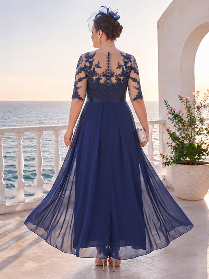 Robe de Mère de la Mariée Grande Taille Coupe Combinaison à Col Rond, Demi-manches, Longueur au Sol avec Appliques