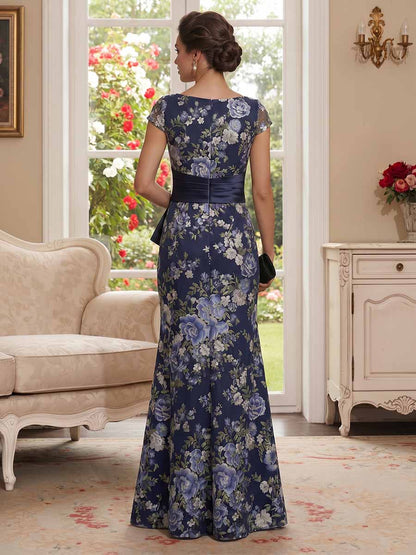 Robe Mère de la Mariée Sirène Col Rond à Mancherons Longueur Sol, Fendue avec Ceinture