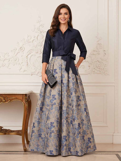 Robe Mère de la Mariée Coupe A-Ligne/Princesse à Manches 3/4, Col Chemise Longueur Sol avec Nœud