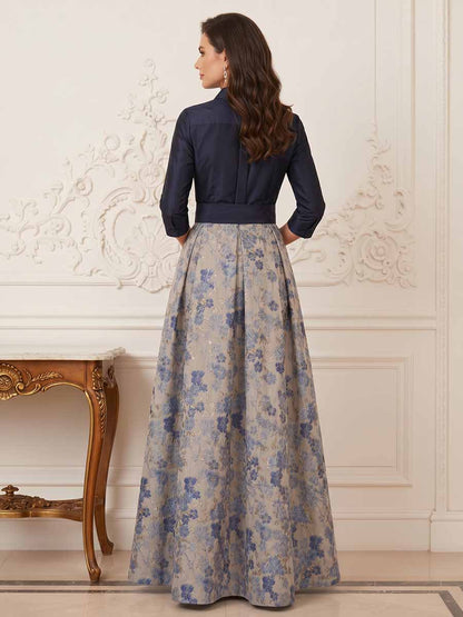Robe Mère de la Mariée Coupe A-Ligne/Princesse à Manches 3/4, Col Chemise Longueur Sol avec Nœud