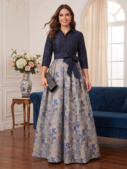 Robe trapèze/princesse en jacquard grande taille pour mère de la mariée : col chemisier, manches 3/4, longueur au sol, avec nœud
