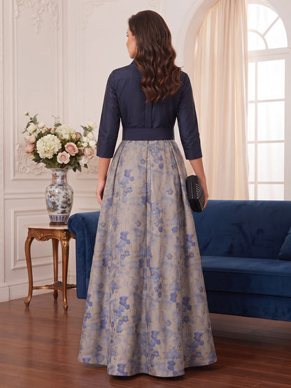 Robe trapèze/princesse en jacquard grande taille pour mère de la mariée : col chemisier, manches 3/4, longueur au sol, avec nœud