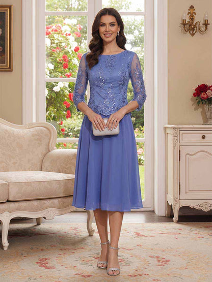 Robe Mère de la Mariée Coupe A-Ligne/Princesse Col Rond à Manches 3/4 Longueur Genou avec Appliques