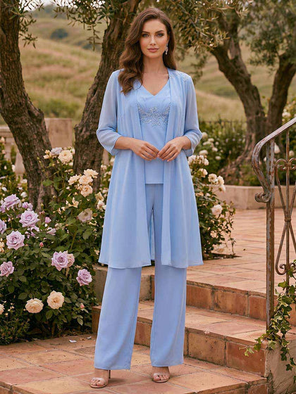 Combinaison 3 Pièces Manches Longues Col en V Longueur du sol Robes Mère de la Mariée avec Appliqué