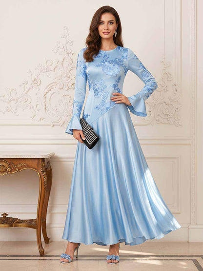 Robe Mère de la Mariée Coupe A-Ligne/Princesse Col Rond à Manches Longues Longueur Cheville avec Broderie