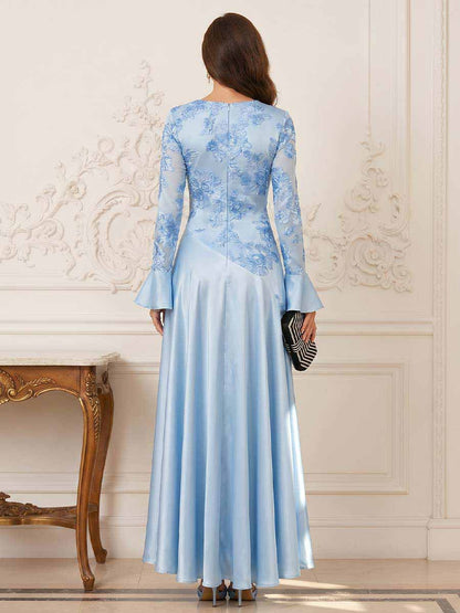 Robe Mère de la Mariée Coupe A-Ligne/Princesse Col Rond à Manches Longues Longueur Cheville avec Broderie