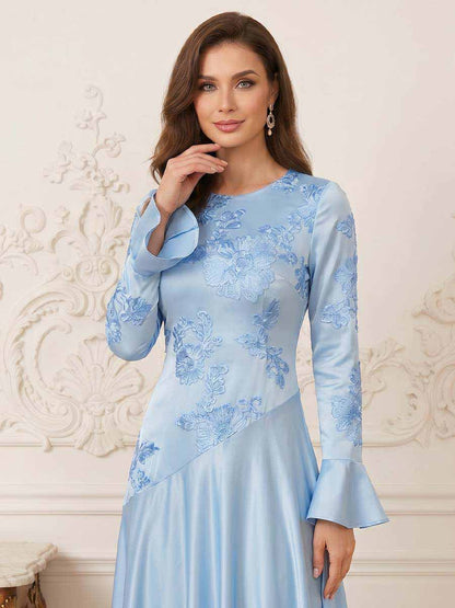 Robe Mère de la Mariée Coupe A-Ligne/Princesse Col Rond à Manches Longues Longueur Cheville avec Broderie