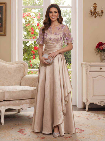 Robe Mère de la Mariée Coupe A-Ligne/Princesse Col en V à Manches Courtes Longueur Sol avec Appliques et Volants