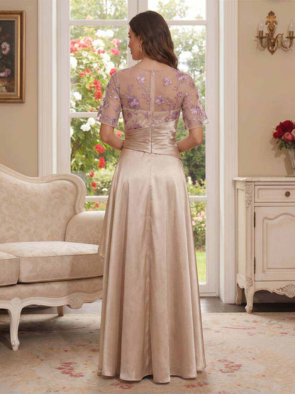 Robe Mère de la Mariée Coupe A-Ligne/Princesse Col en V à Manches Courtes Longueur Sol avec Appliques et Volants