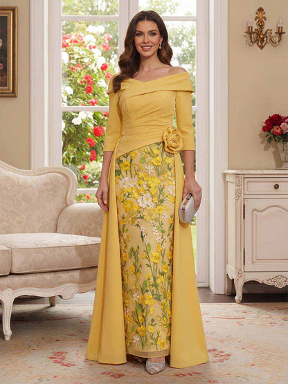 Robe Mère de la Mariée Coupe A-Ligne/Princesse Col en V à Manches 3/4 Longueur Sol avec Fleurs 3D et Appliques