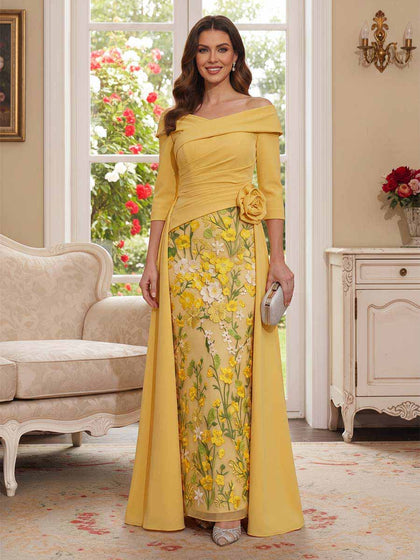 Ligne A/Princesse 3/4 Manches Col en V Longueur du sol Robes Mère de la Mariée avec Florale 3D & Appliqué