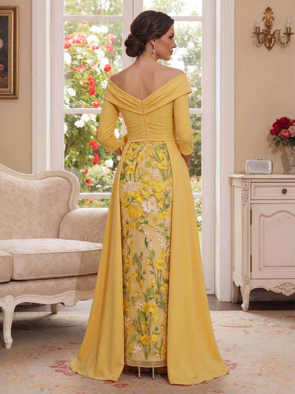 Robe Mère de la Mariée Coupe A-Ligne/Princesse Col en V à Manches 3/4 Longueur Sol avec Fleurs 3D et Appliques