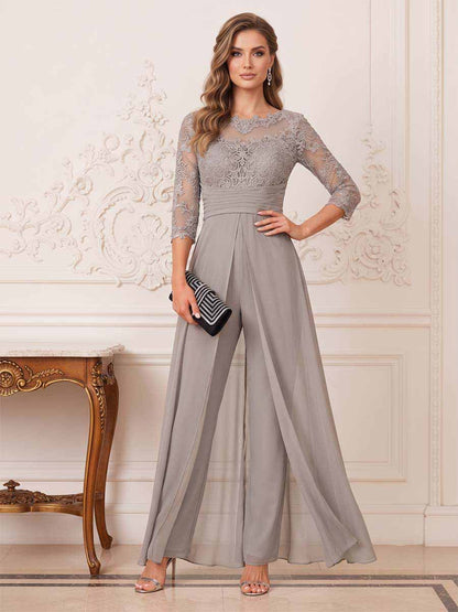 Combinaison Pantalon de Mariage Col Rond à Manches 3/4 Longueur Sol avec Appliques et Dentelle