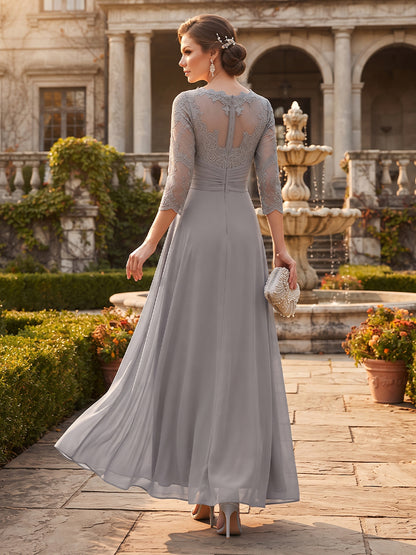 Combinaison Pantalon de Mariage Col Rond à Manches 3/4 Longueur Sol avec Appliques et Dentelle