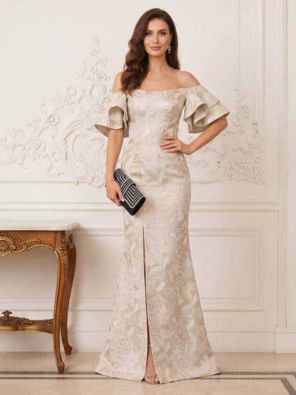 Robe Mère de la Mariée Sirène Épaules Dénudées à Manches Courtes Longueur Sol avec Volants