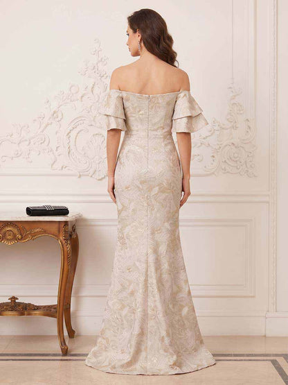 Robe Mère de la Mariée Sirène Épaules Dénudées à Manches Courtes Longueur Sol avec Volants