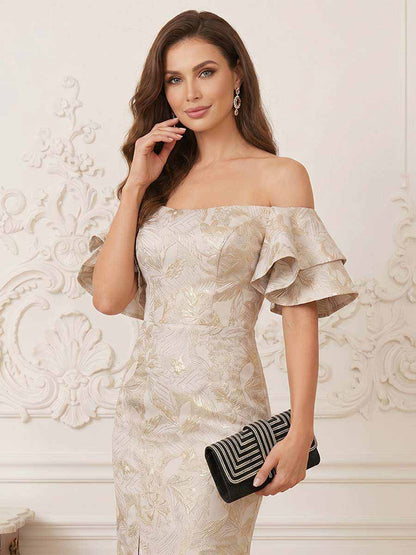 Robe Mère de la Mariée Sirène Épaules Dénudées à Manches Courtes Longueur Sol avec Volants