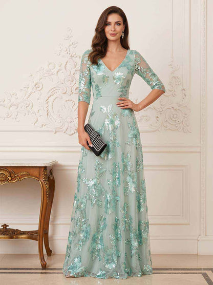 Robe Mère de la Mariée Coupe A-Ligne/Princesse Col en V à Demi-manches Longueur Sol avec Dentelle et Appliques